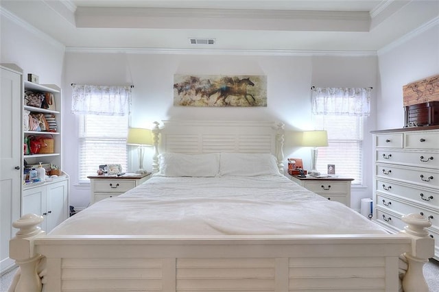 bedroom with ornamental molding and a raised ceiling