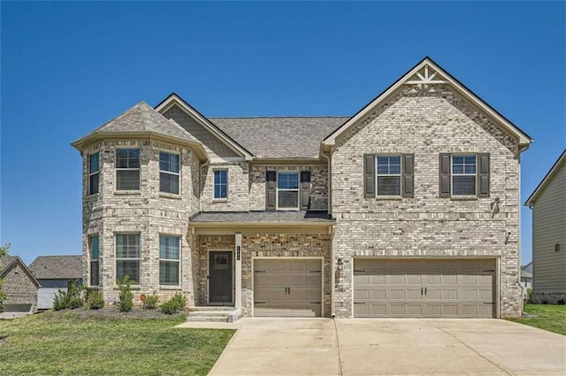 view of front of property featuring concrete driveway, a front lawn, an attached garage, and brick siding