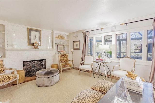 living room with carpet floors, a fireplace, and crown molding