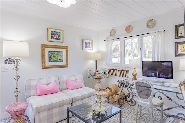 living room featuring wooden ceiling