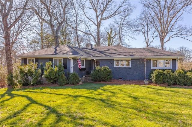 single story home with crawl space, a chimney, and a front yard