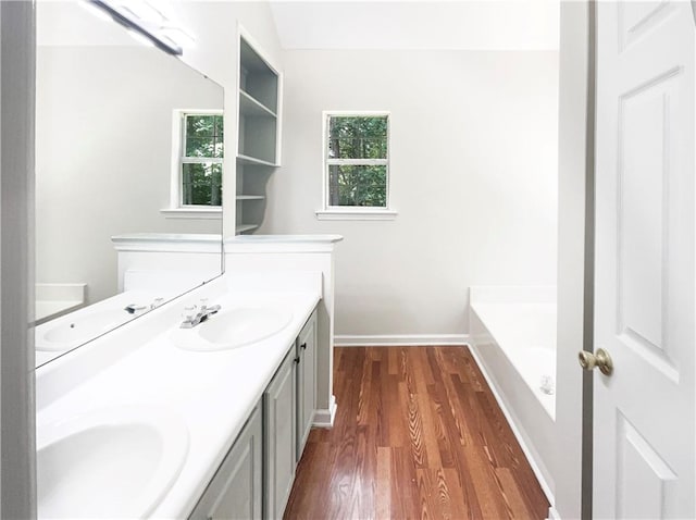 bathroom featuring vanity, hardwood / wood-style floors, and a washtub