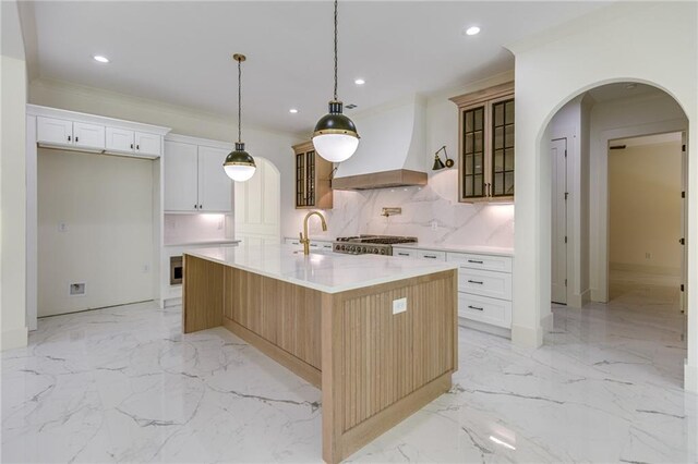 kitchen featuring white cabinetry, sink, tasteful backsplash, an island with sink, and custom exhaust hood