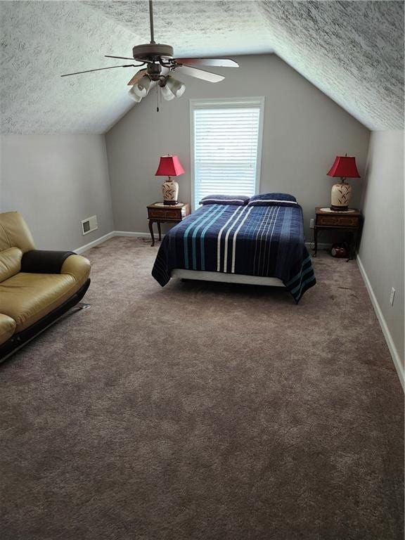 979 Simonton Glen Dr, Lawrenceville, GA 30045 - bedroom featuring a textured ceiling, lofted ceiling, carpet flooring, and ceiling fan