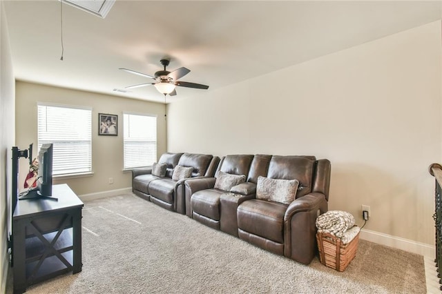 cinema featuring visible vents, a ceiling fan, baseboards, and carpet floors