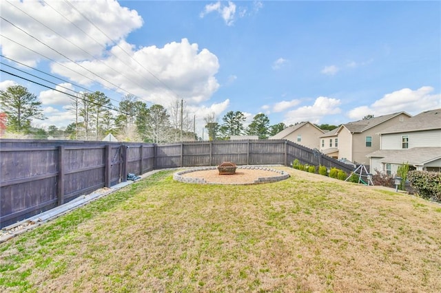 view of yard featuring an outdoor fire pit and a fenced backyard