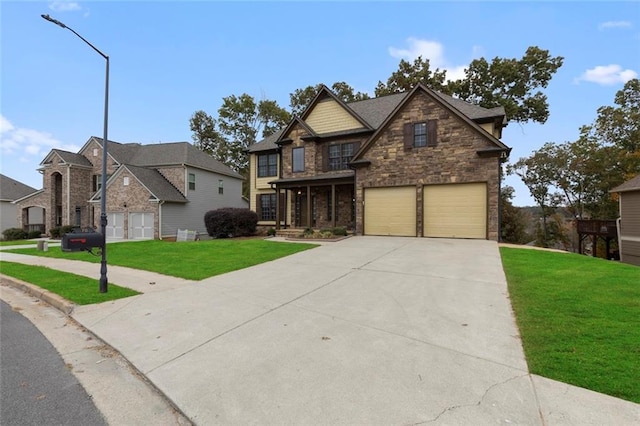 craftsman-style home with a garage and a front lawn