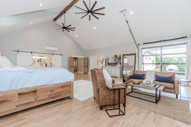 6044 Wade Orr Rd, Flowery Branch, GA 30542 - bedroom with high vaulted ceiling, beamed ceiling, light wood-style flooring, and recessed lighting