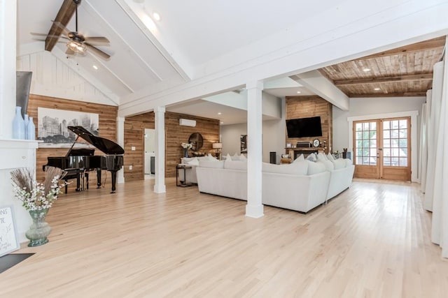 6044 Wade Orr Rd, Flowery Branch, GA 30542 - living room featuring wood finished floors, a ceiling fan, ornate columns, wood walls, and wood ceiling