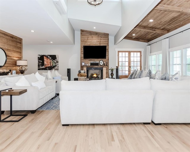 6044 Wade Orr Rd, Flowery Branch, GA 30542 - living room with wood finished floors, wooden ceiling, a fireplace, and recessed lighting