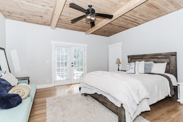 6044 Wade Orr Rd, Flowery Branch, GA 30542 - bedroom with a wooden ceiling with exposed beams, access to exterior, wood finished floors, french doors, and a ceiling fan