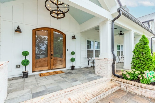 6044 Wade Orr Rd, Flowery Branch, GA 30542 - view of exterior entry featuring french doors and a ceiling fan