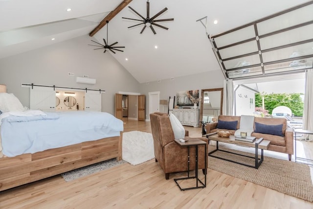 6044 Wade Orr Rd, Flowery Branch, GA 30542 - bedroom with high vaulted ceiling, beam ceiling, wood finished floors, and recessed lighting