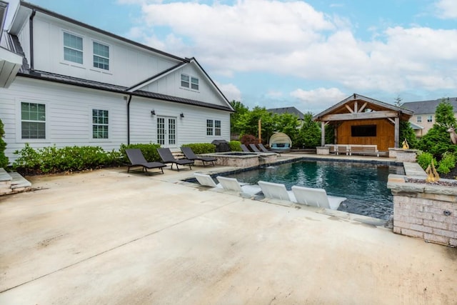 6044 Wade Orr Rd, Flowery Branch, GA 30542 - view of pool featuring french doors, a patio, a gazebo, and a pool with connected hot tub