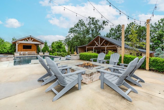 6044 Wade Orr Rd, Flowery Branch, GA 30542 - view of patio / terrace with an outdoor fire pit, a gazebo, and a pool with connected hot tub