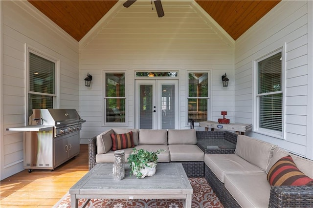 view of patio / terrace with french doors, an outdoor hangout area, a deck, and ceiling fan