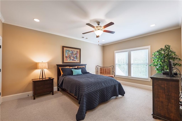 bedroom with recessed lighting, baseboards, visible vents, and light carpet