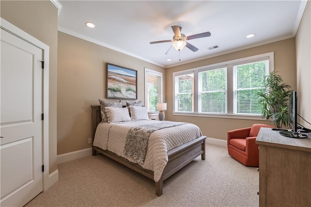 bedroom featuring crown molding, baseboards, light carpet, and recessed lighting