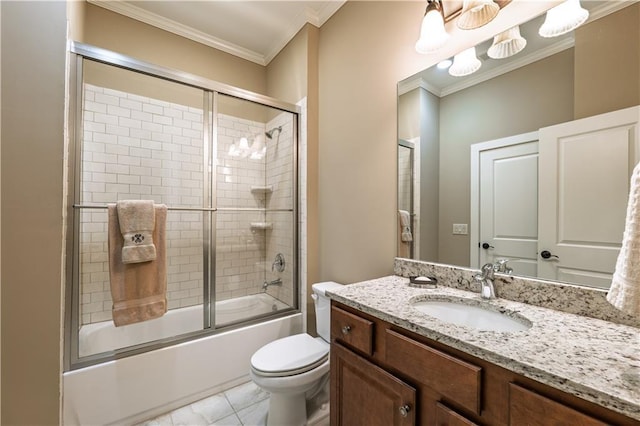 bathroom with crown molding, toilet, bath / shower combo with glass door, and vanity