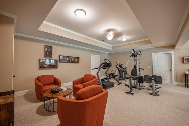 exercise area featuring crown molding, a tray ceiling, baseboards, and carpet