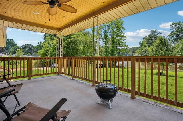 12 Windsor Way, Newnan, GA 30263 - view of patio / terrace featuring ceiling fan and view of wooded area