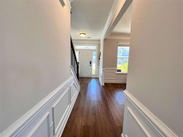 interior space featuring crown molding and dark hardwood / wood-style floors