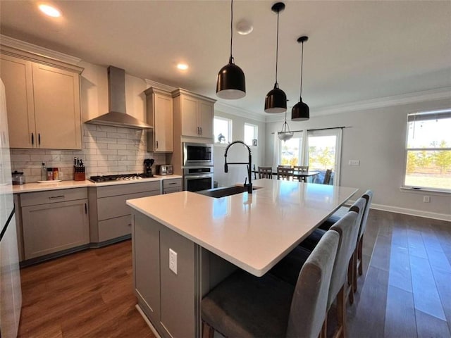 kitchen with pendant lighting, sink, a kitchen island with sink, stainless steel appliances, and wall chimney exhaust hood