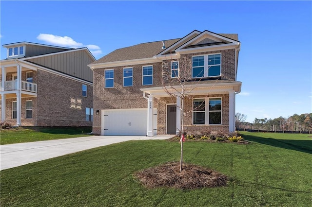 craftsman inspired home featuring a garage and a front lawn