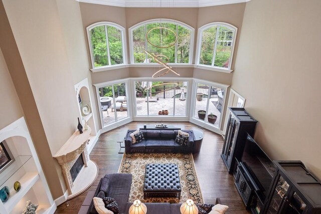 living room featuring dark hardwood / wood-style flooring, a towering ceiling, and crown molding