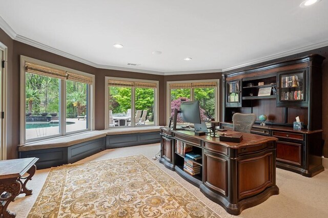 office with light colored carpet and crown molding