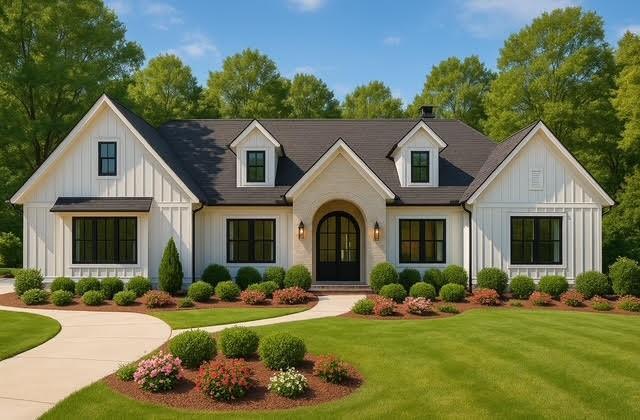 145 Highlands Chase, Ball Ground, GA 30107 - modern farmhouse style home featuring board and batten siding and a front lawn