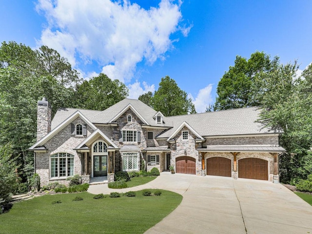 5039 Towne Lake Hls N, Woodstock, GA 30189 - view of front of home with french doors, stone siding, concrete driveway, a front lawn, and a garage