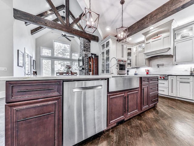 5039 Towne Lake Hls N, Woodstock, GA 30189 - kitchen with stainless steel appliances, dark wood-style flooring, beamed ceiling, light countertops, and backsplash