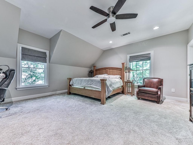 5039 Towne Lake Hls N, Woodstock, GA 30189 - carpeted bedroom with baseboards, vaulted ceiling, recessed lighting, and ceiling fan
