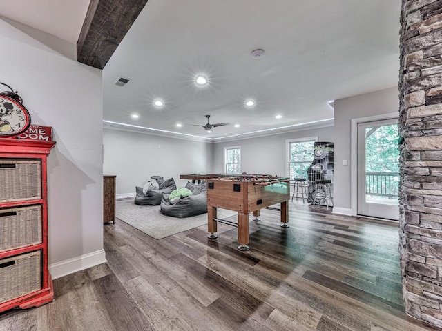 5039 Towne Lake Hls N, Woodstock, GA 30189 - recreation room featuring ceiling fan, baseboards, wood finished floors, recessed lighting, and crown molding