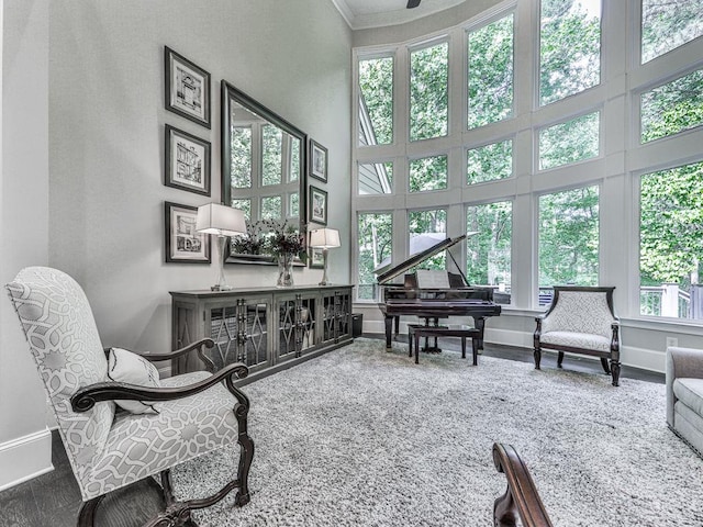 5039 Towne Lake Hls N, Woodstock, GA 30189 - living area featuring baseboards, crown molding, and a towering ceiling