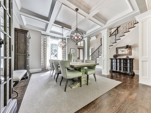 5039 Towne Lake Hls N, Woodstock, GA 30189 - dining room featuring stairway, a chandelier, ornate columns, baseboards, and dark wood-style floors
