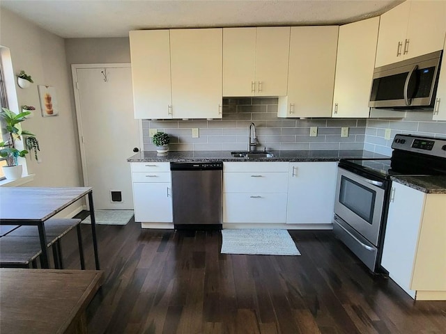 kitchen featuring white cabinets, dark hardwood / wood-style floors, and stainless steel appliances