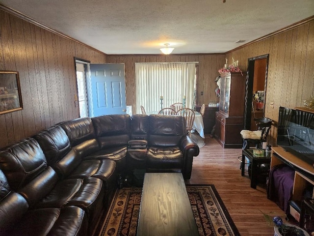 living room with a textured ceiling, crown molding, and dark hardwood / wood-style floors