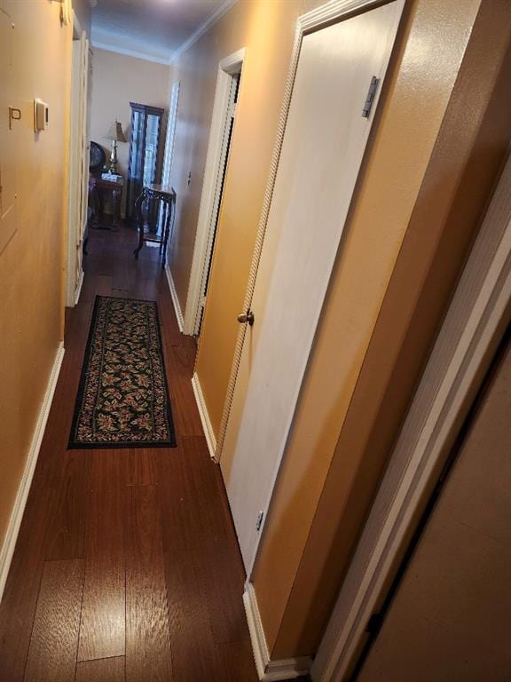 corridor featuring ornamental molding and dark hardwood / wood-style flooring