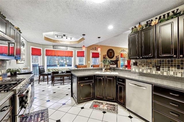 kitchen with a raised ceiling, a peninsula, stainless steel appliances, pendant lighting, and a sink