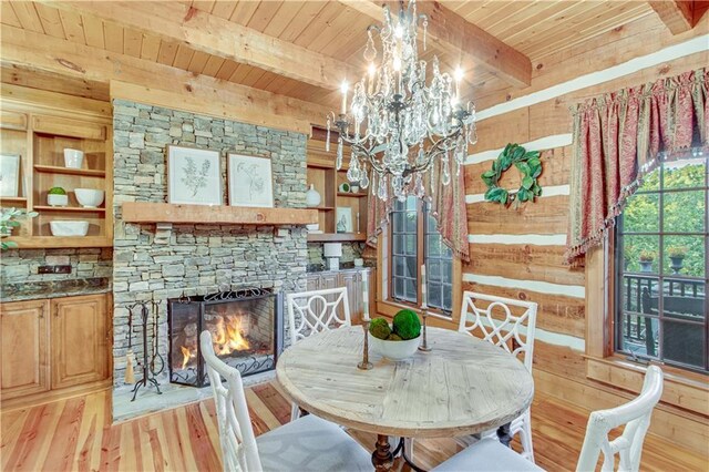 3464 Carolyn St, Gainesville, GA 30504 - dining room with wood ceiling, light wood-style flooring, a chandelier, beam ceiling, and wood walls