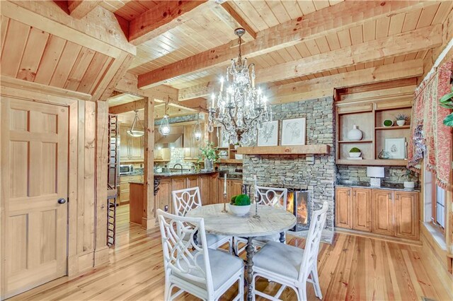 3464 Carolyn St, Gainesville, GA 30504 - dining room featuring light wood finished floors, wooden ceiling, beamed ceiling, a chandelier, and a fireplace
