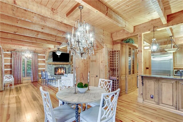 3464 Carolyn St, Gainesville, GA 30504 - dining room featuring light wood finished floors, a chandelier, a fireplace, beamed ceiling, and wooden ceiling