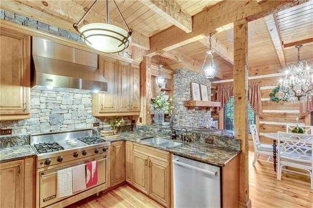 3464 Carolyn St, Gainesville, GA 30504 - kitchen with stainless steel appliances, wall chimney exhaust hood, wooden ceiling, beam ceiling, and light wood-style floors