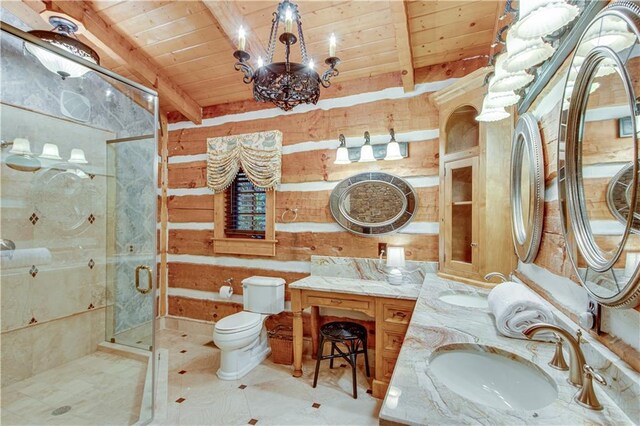 3464 Carolyn St, Gainesville, GA 30504 - bathroom with wooden ceiling, toilet, a shower stall, a chandelier, and beam ceiling