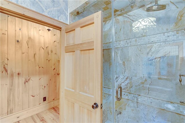 3464 Carolyn St, Gainesville, GA 30504 - bathroom featuring a shower stall and wood finished floors