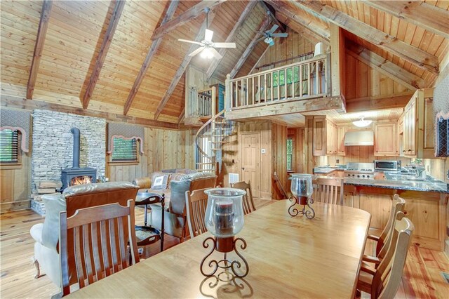 3464 Carolyn St, Gainesville, GA 30504 - dining room with high vaulted ceiling, wood ceiling, a wood stove, light wood-style flooring, and wood walls