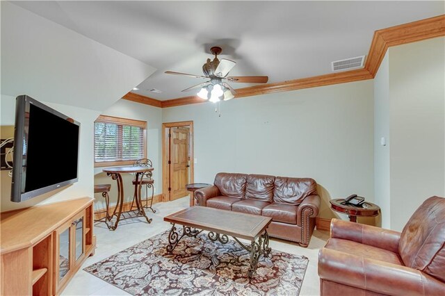 3464 Carolyn St, Gainesville, GA 30504 - living area with crown molding, a ceiling fan, and baseboards