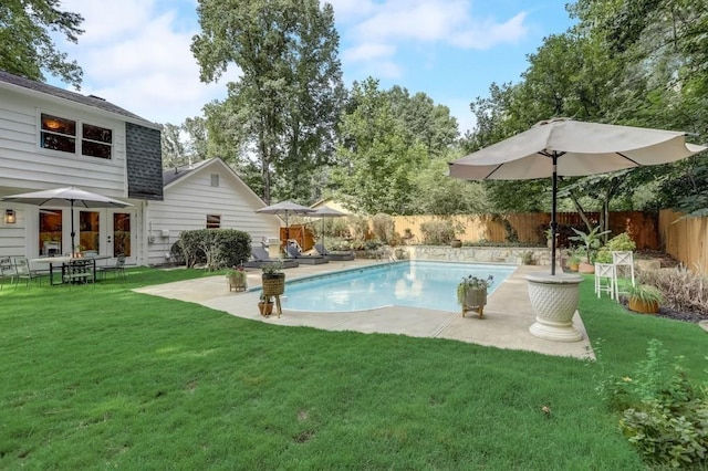 5371 Tall Oak Dr, Marietta, GA 30068 - view of swimming pool featuring a lawn, a patio, a fenced in pool, and a fenced backyard